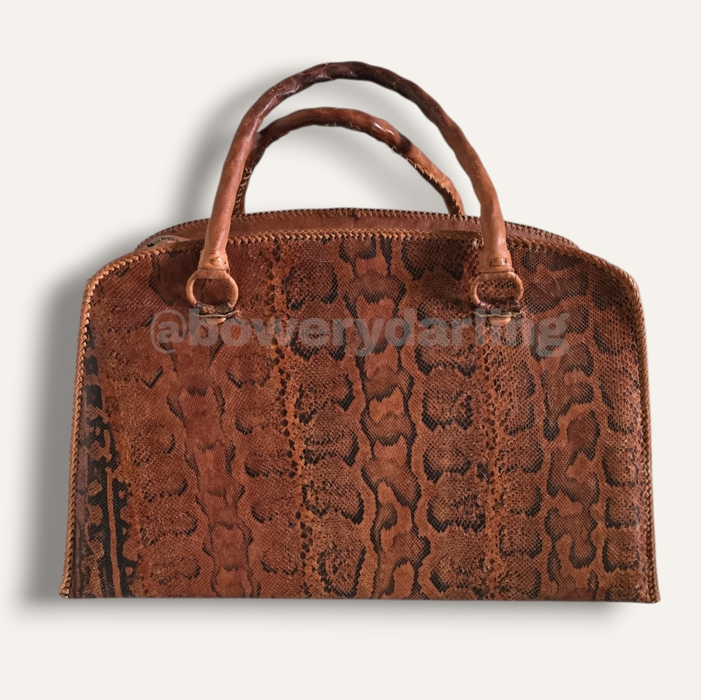 50s Leather & Snakeskin Structured Handbag (L14.75" × H9.25" × W6") - Brown